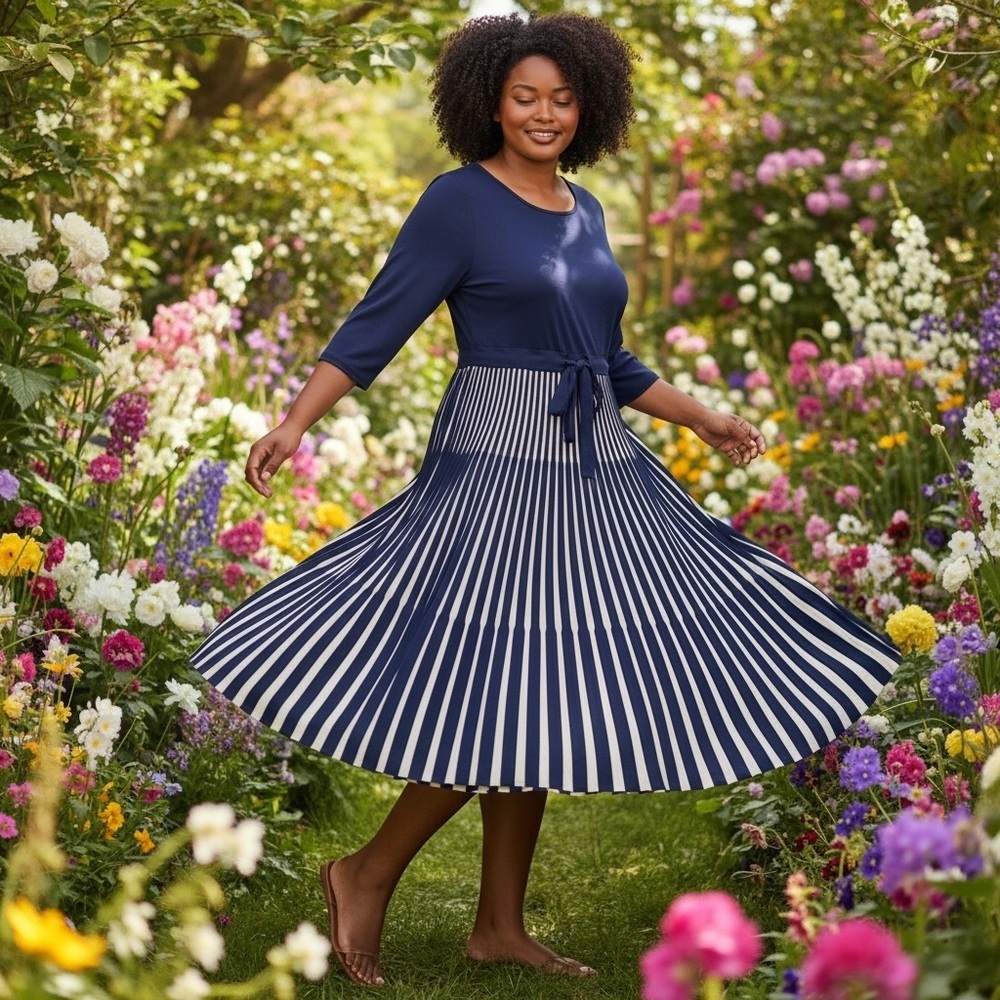 NWT Fever London Navy Blue Striped Knit ‘Ellie’ Midi Dress Plus Size 24
